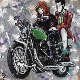 Quadro Juta Lupin e Fujiko sulla moto -realizzato a mano