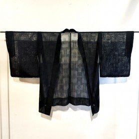 Haori giapponese vintage "Sha" in misto seta trasparente nero