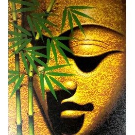Quadro con volto di Buddha e foglie di bambù